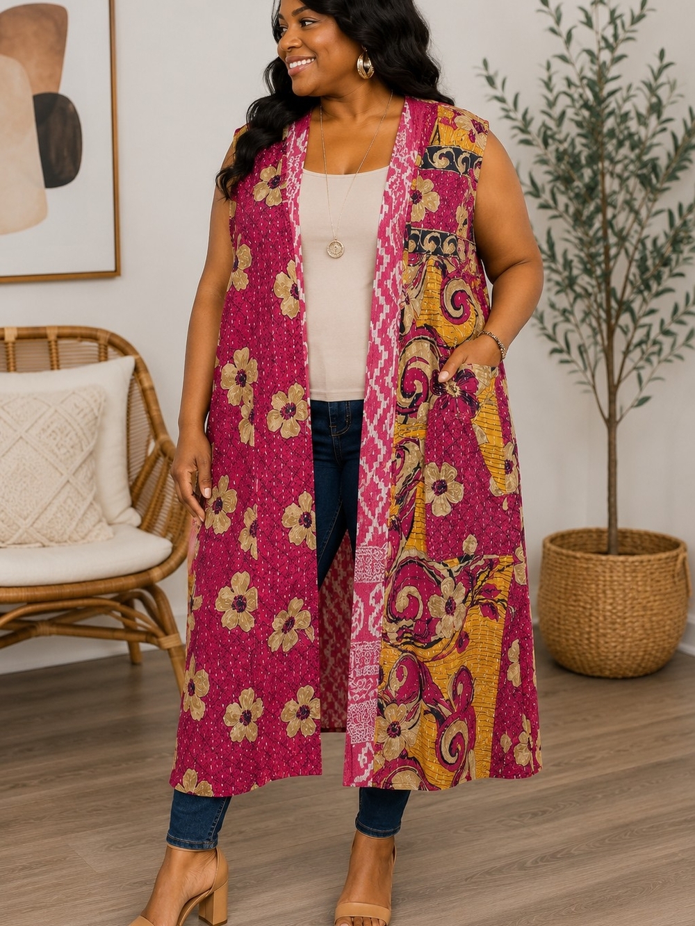 Sleeveless Floral Patchwork Duster Vest - Magenta & Mustard